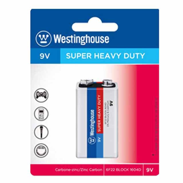 Westinghouse Super Heavy Duty 9V Battery 1 PK  Ideally for Clocks, flashlights, remote controls, recorders, transistor radios. - 6F22BP1 Westinghouse Super Heavy Duty 9V Battery 1 PK  Ideally for Clocks, flashlights, remote controls, recorders, transistor radios. - 6F22BP1